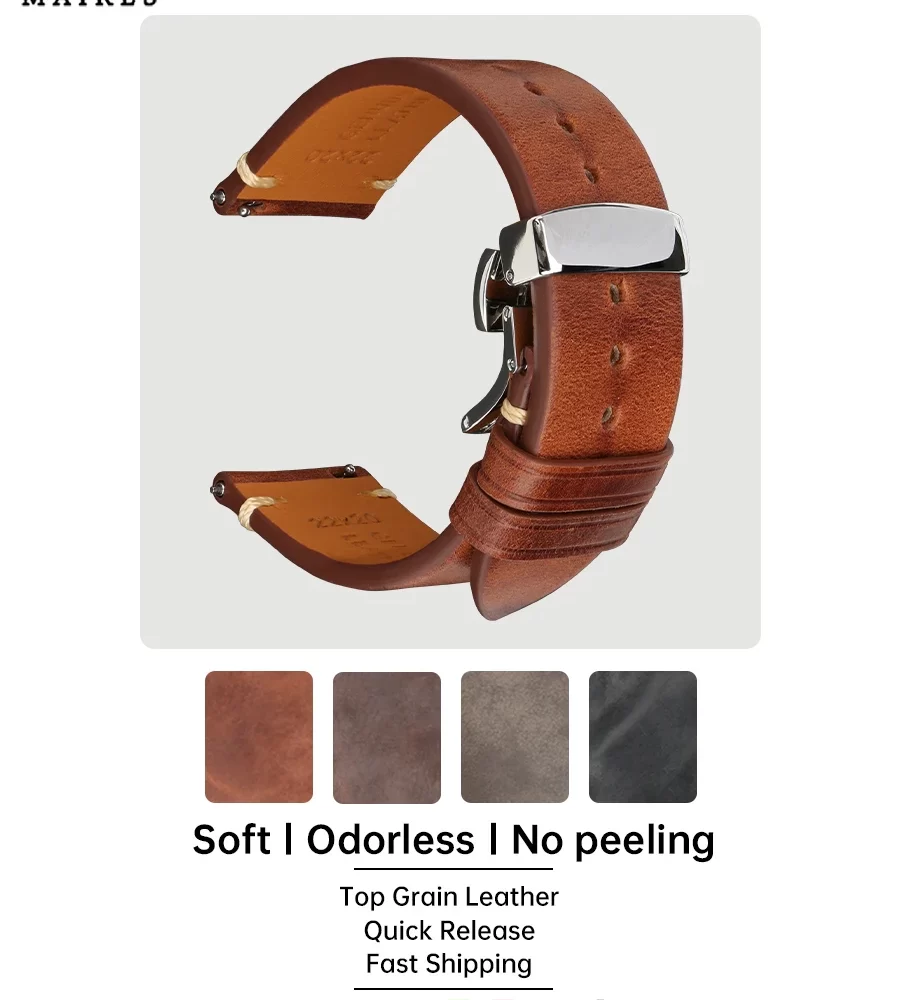 MAIKES Handmade Watchband Butterfly Buckle Vegetable Tanned Cow Leather Made In Italy Quick Release Bracelet Band Watch Strap