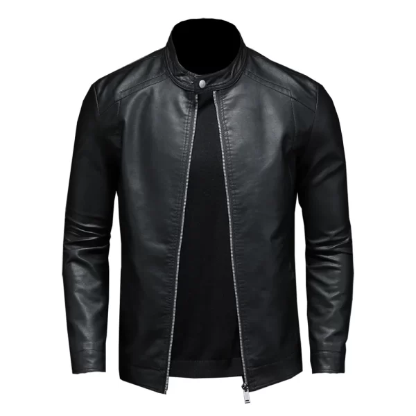 Men Stand Collar Spring Autumn Leather Jacket Slim Pu Leather Jacket Fashion Motorcycle Causal Coat Mens Moto Biker Leather Coat - Image 5