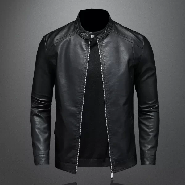 Men Stand Collar Spring Autumn Leather Jacket Slim Pu Leather Jacket Fashion Motorcycle Causal Coat Mens Moto Biker Leather Coat - Image 2