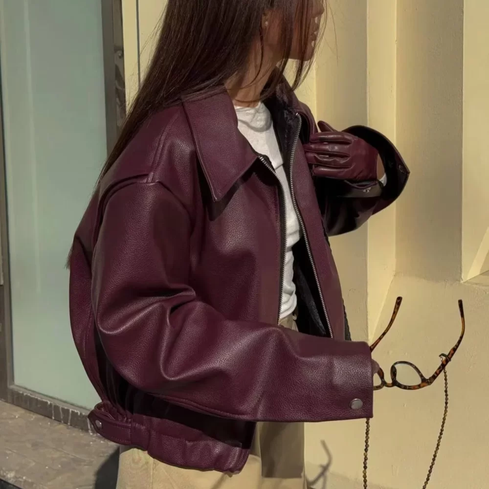 Suninheart Autumn Winter 2024 Women's Moto Biker Zipper Long Sleeve Jacket Faux Leather Jacket Outerwears Causal New in Coats - Image 3