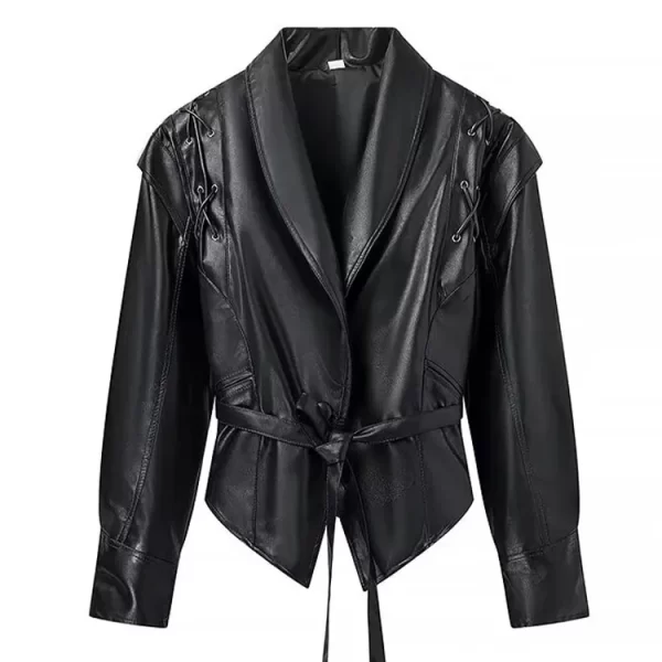 TRAFZA Female Fashion Autumn Winter Casual Coat Tops Woman V Neck Lace Up Street Fashion Single Button Long Sleeves Jackets - Image 5