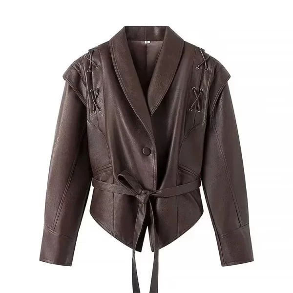 TRAFZA Female Fashion Autumn Winter Casual Coat Tops Woman V Neck Lace Up Street Fashion Single Button Long Sleeves Jackets - Image 6