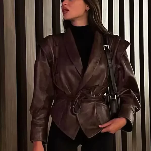 TRAFZA Female Fashion Autumn Winter Casual Coat Tops Woman V Neck Lace Up Street Fashion Single Button Long Sleeves Jackets - Image 3