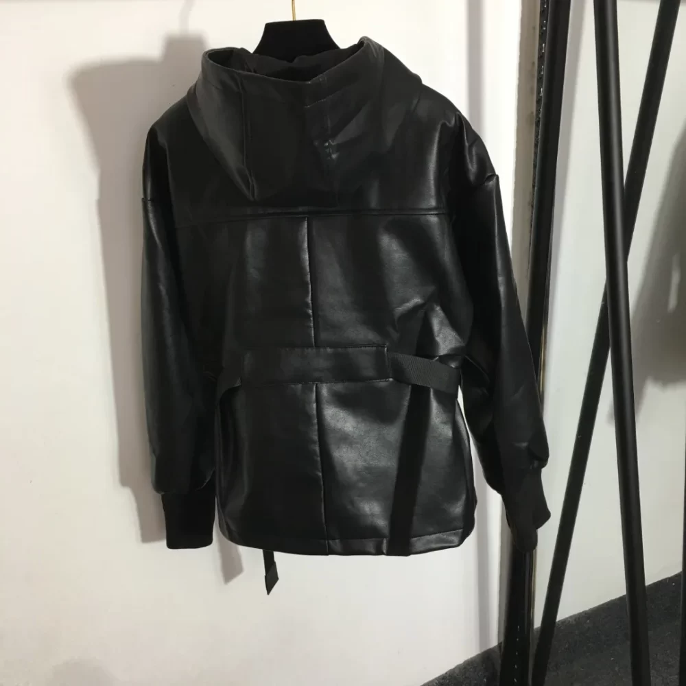 New Autumn/Winter 2024 black hooded leather jacket with buckle belt loose jacket with texture free shipping