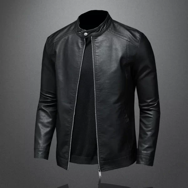 Men Stand Collar Spring Autumn Leather Jacket Slim Pu Leather Jacket Fashion Motorcycle Causal Coat Mens Moto Biker Leather Coat - Image 4
